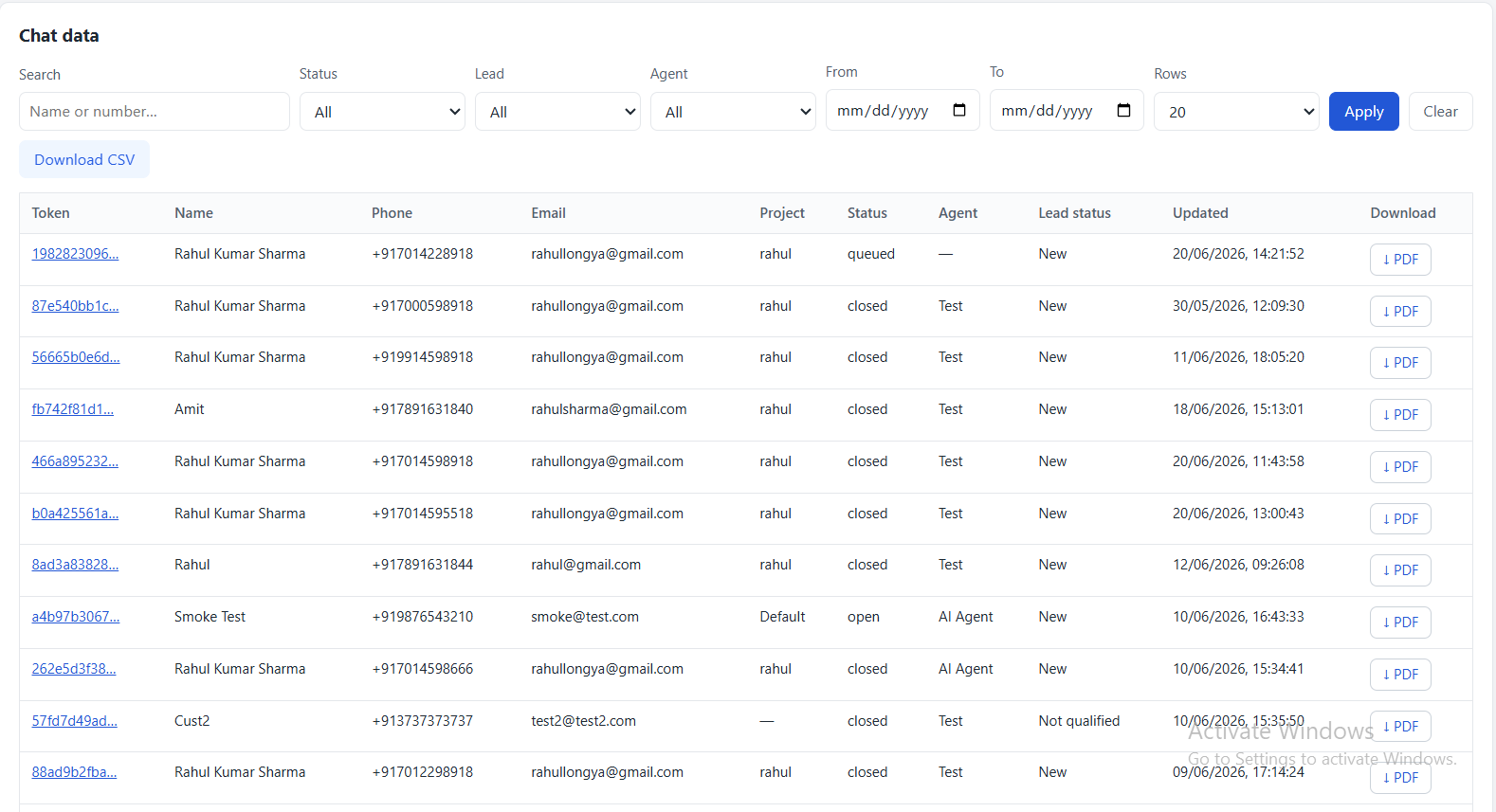 Chat data report with PDF download